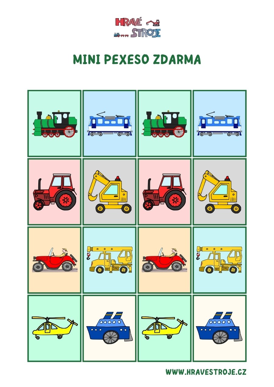 Mini pexeso zdarma s vláčky, traktory, auty, letadly a loděmi